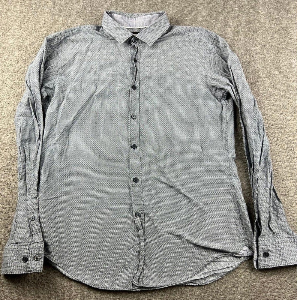 HUGO BOSS Slim Fit Button Down Shirt Mens Large Blue Geometric Print Long Sleeve